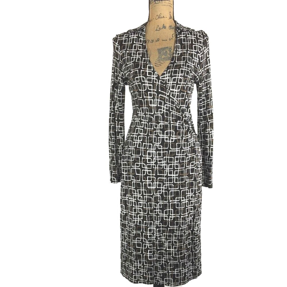 Talbots Dress 4P White Black Brown Retro Square Faux Wrap Long Sl Casual Career